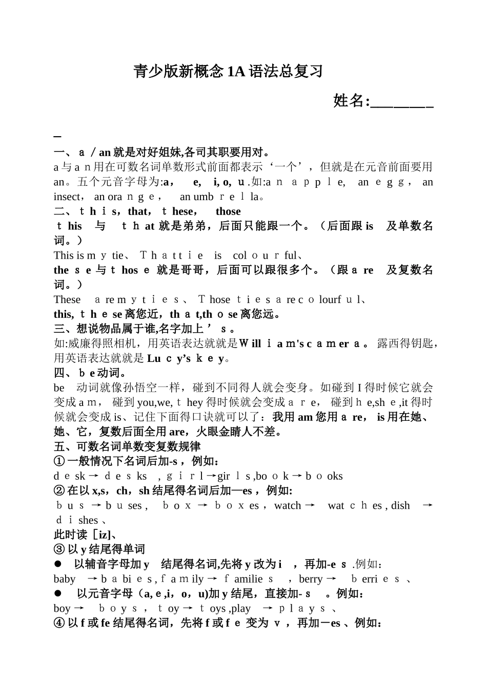 新概念青少版1A_语法知识总结_第1页