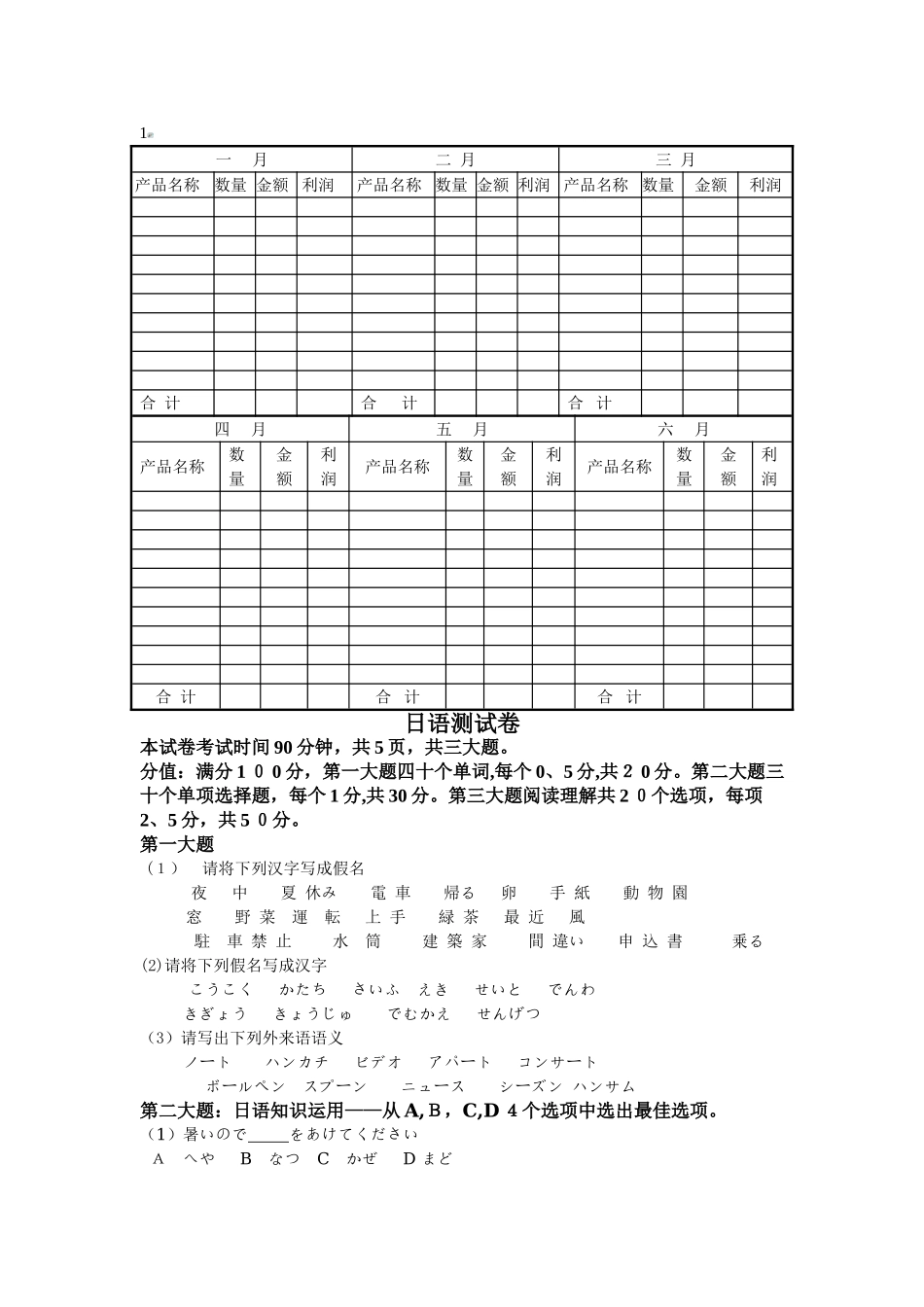 日语初级测试卷_第1页