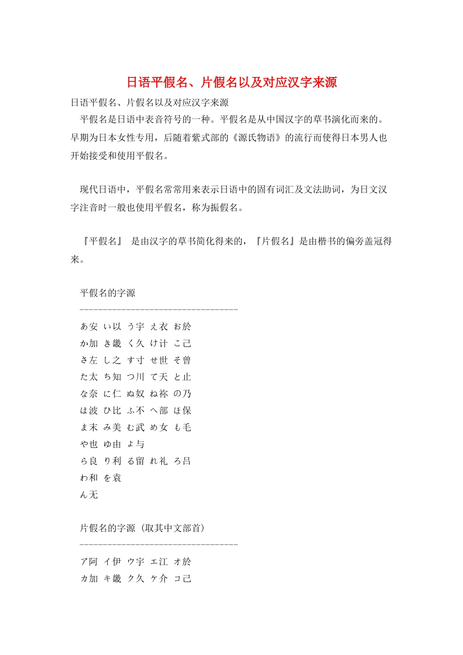日语平假名、片假名以及对应汉字来源_第1页