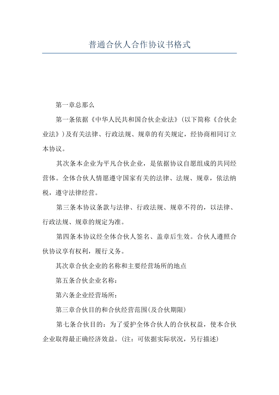 普通合伙人合作协议书格式_第1页