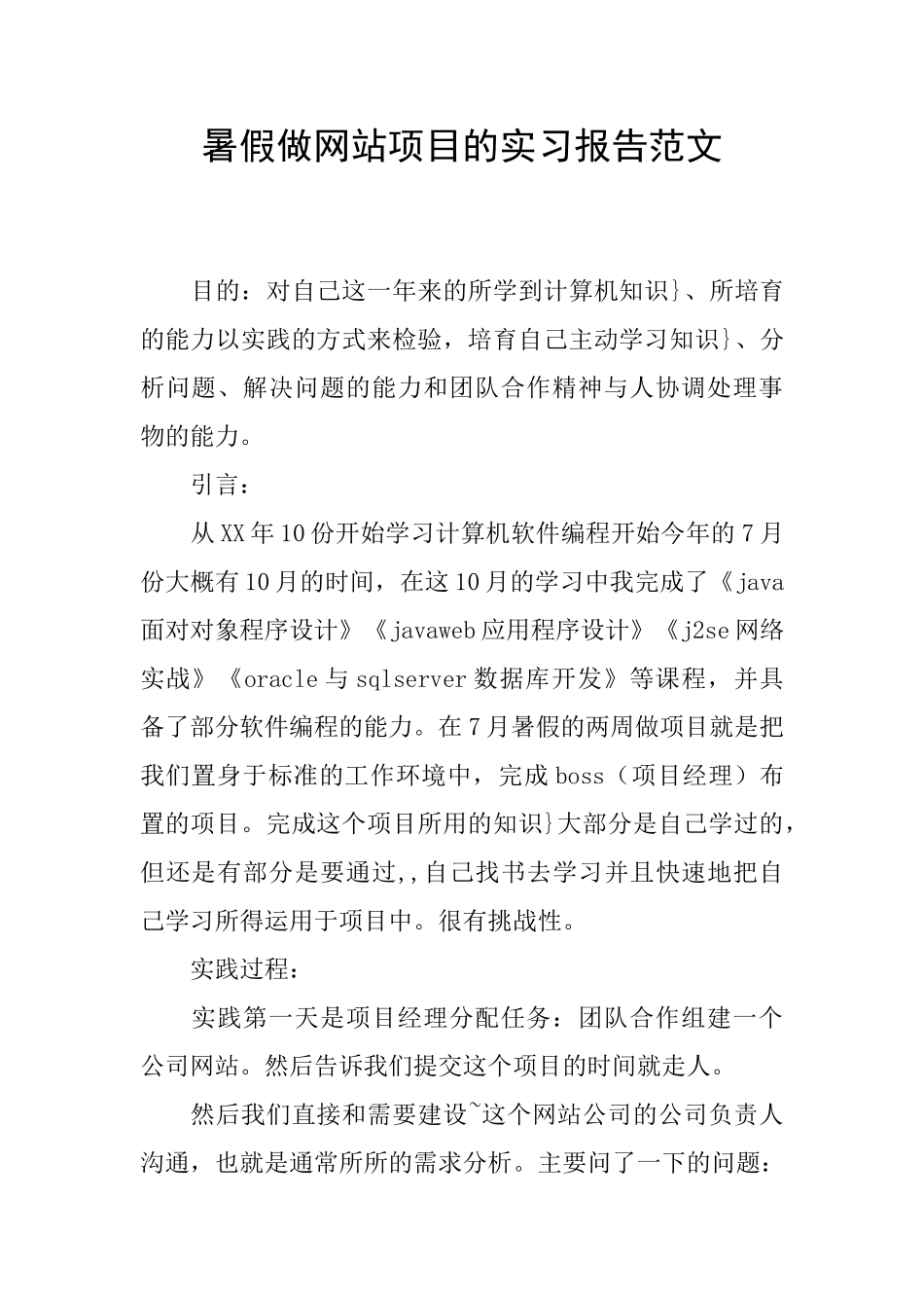 暑假做网站项目的实习报告范文_第1页
