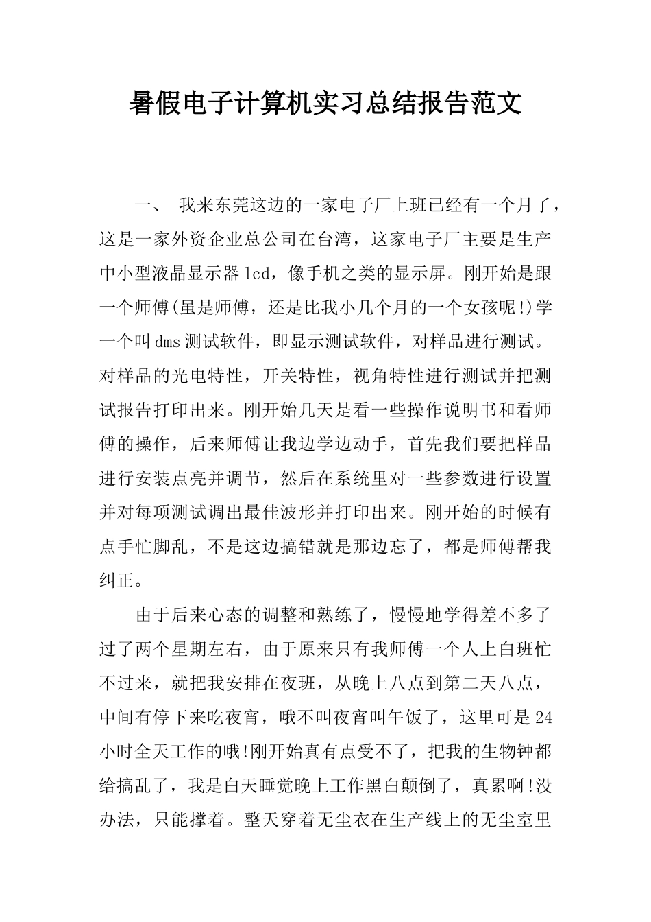 暑假电子计算机实习总结报告范文_第1页