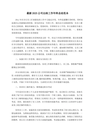 最新2025公司出纳工作年终总结范本