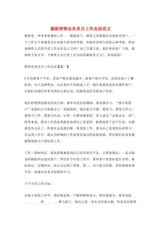 最新销售业务员月工作总结范文