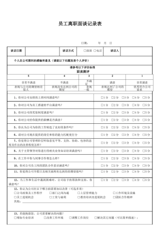 最终员工离职面谈记录表