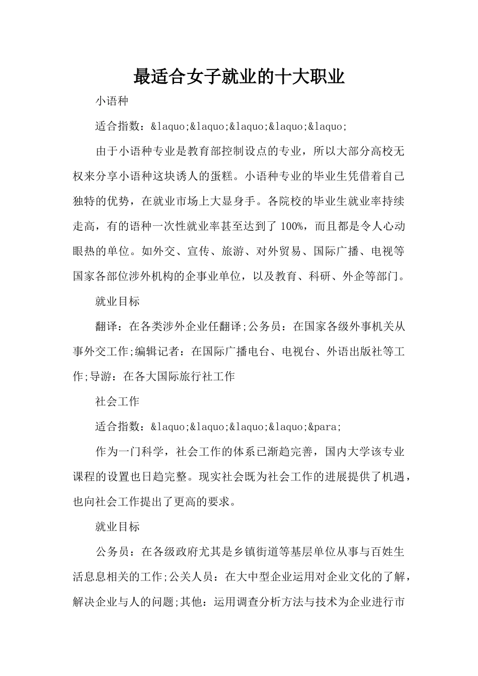 最适合女子就业的十大职业（标准版）_第1页