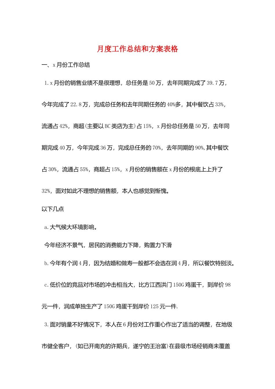 月度工作总结和计划表格_第1页