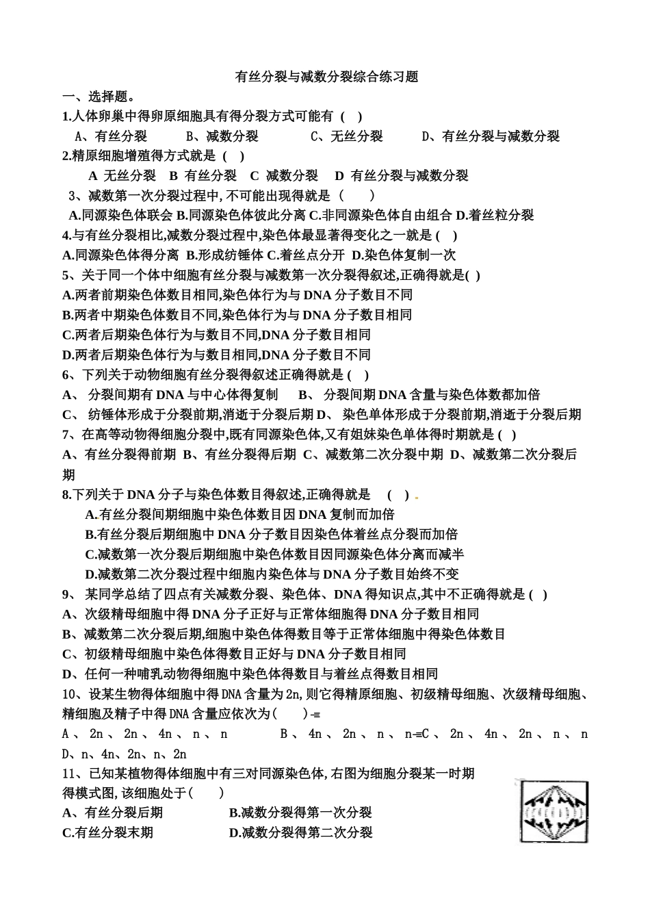 有丝分裂和减数分裂专题练习含答案_第1页