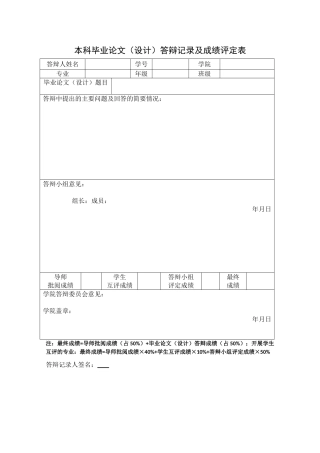 本科毕业论文（设计）答辩记录及成绩评定表（标准版）