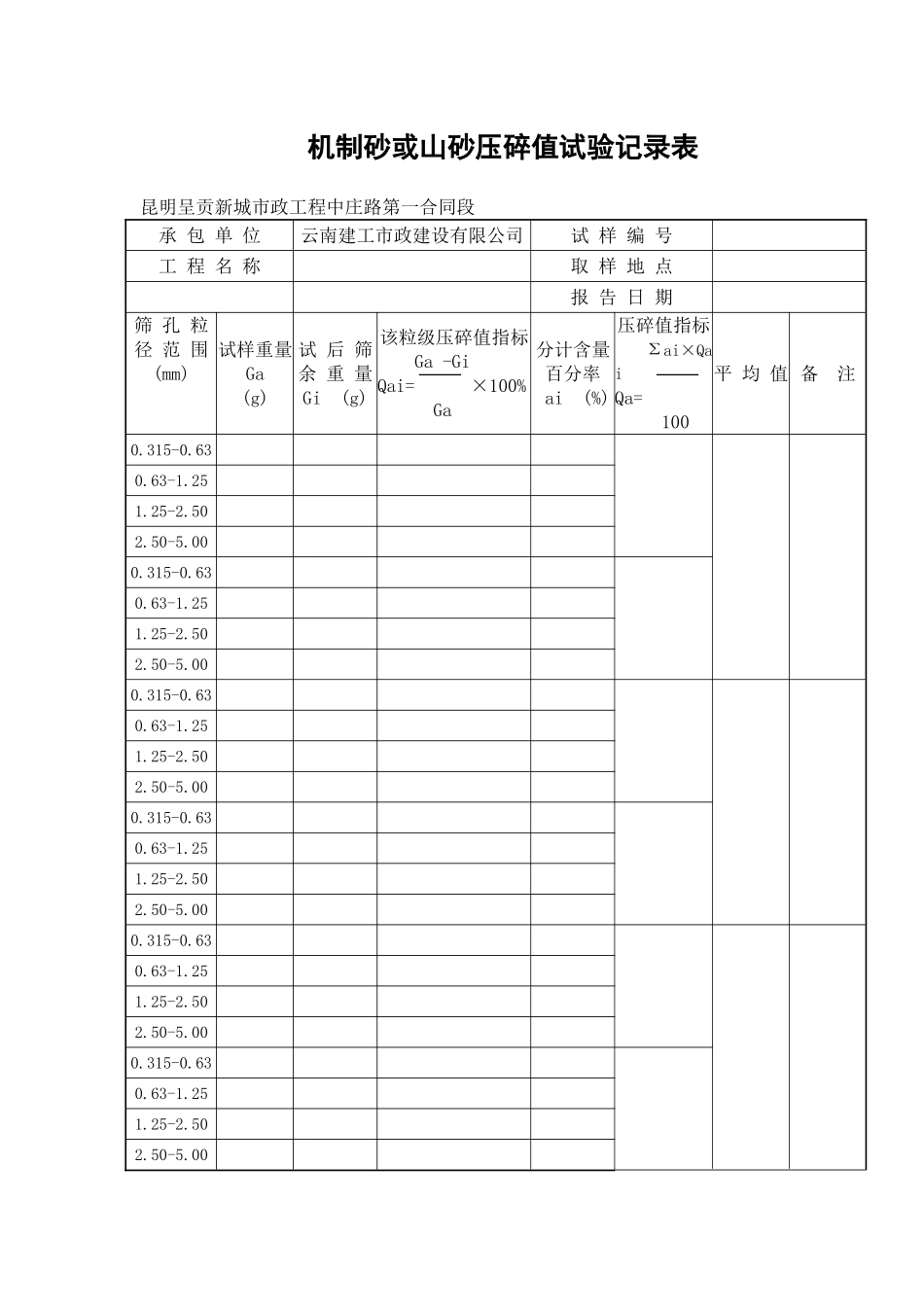 机制砂或山砂压碎值试验记录表_第1页