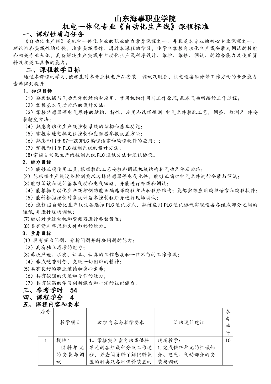 机电一体化专业《自动化生产线》课程标准_第1页