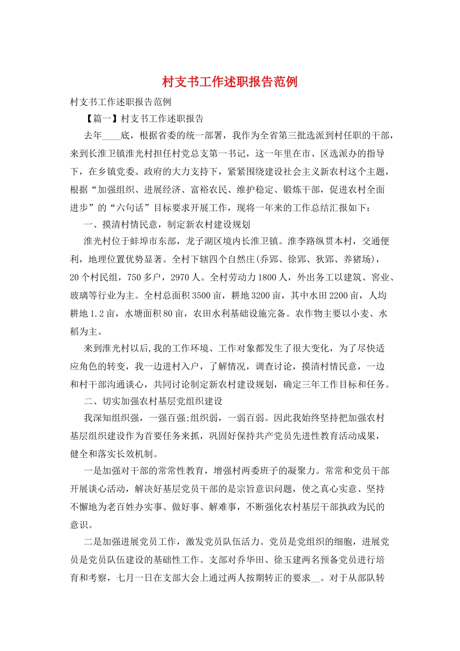 村支书工作述职报告范例_第1页