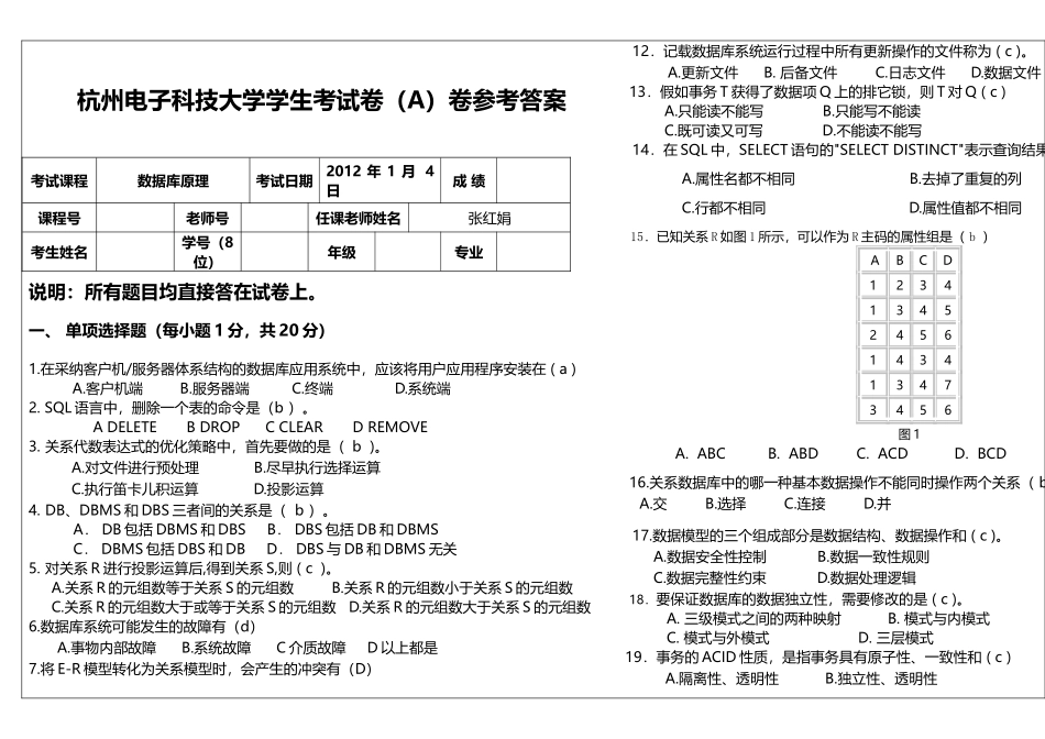 杭州电子科技大学—试卷-(数据库原理A)--个人模拟(1)_第1页