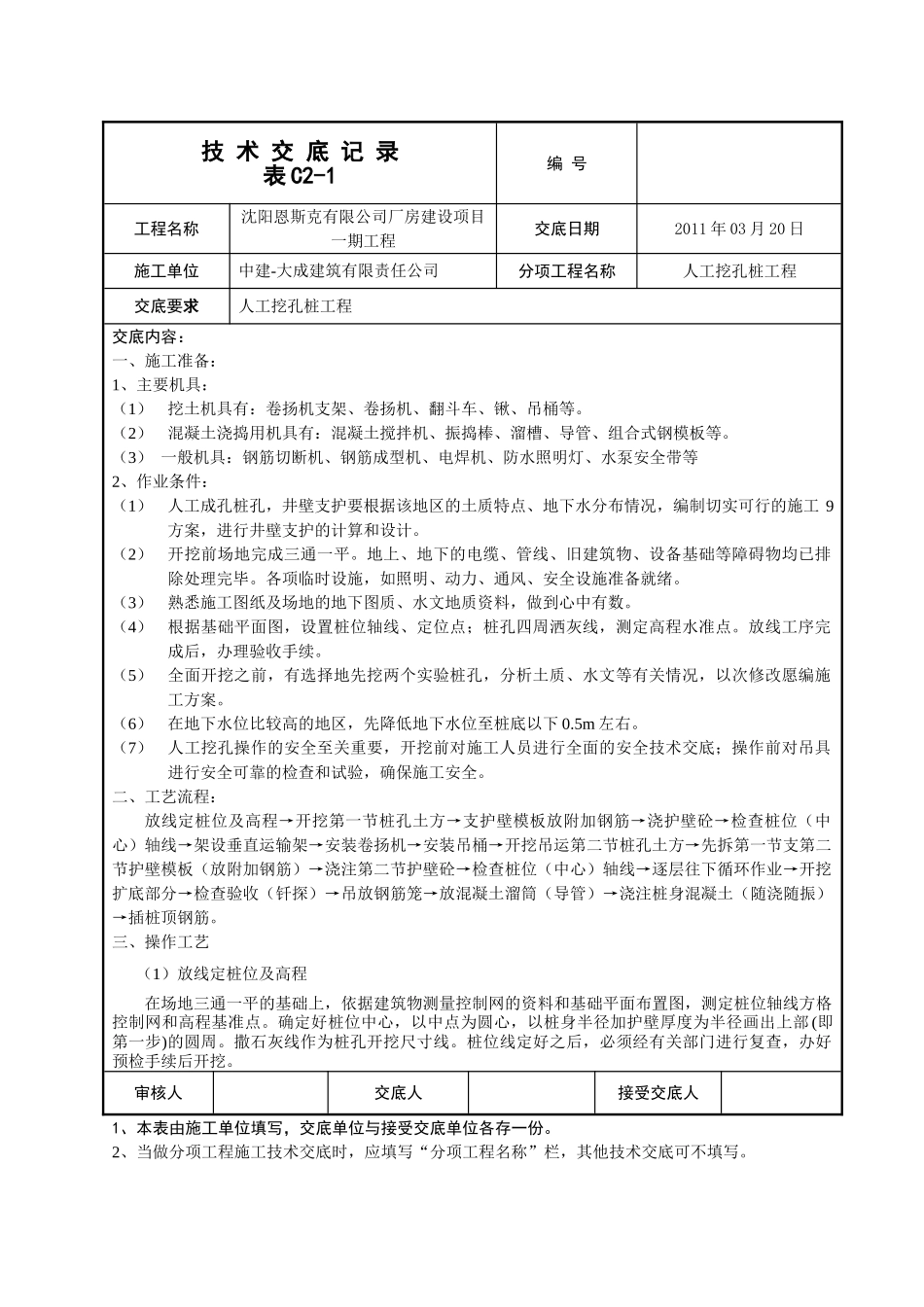 某厂房一期工程人工挖孔桩技术交底_第1页