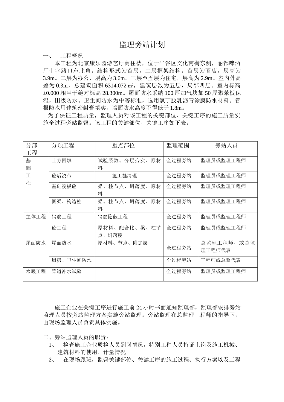 某商住楼监理旁站计划_第1页