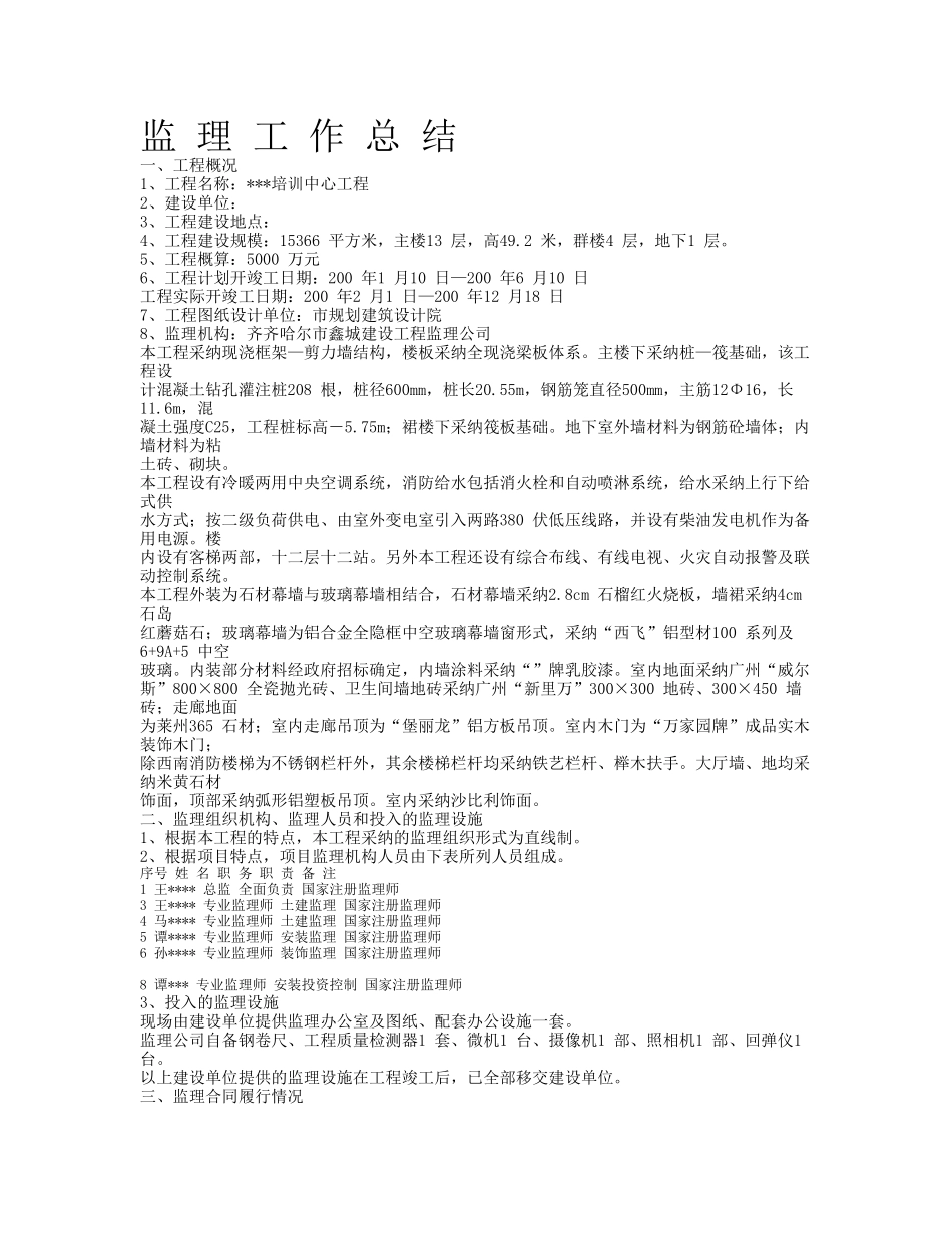 某培训中心工程监理工作总结_第1页