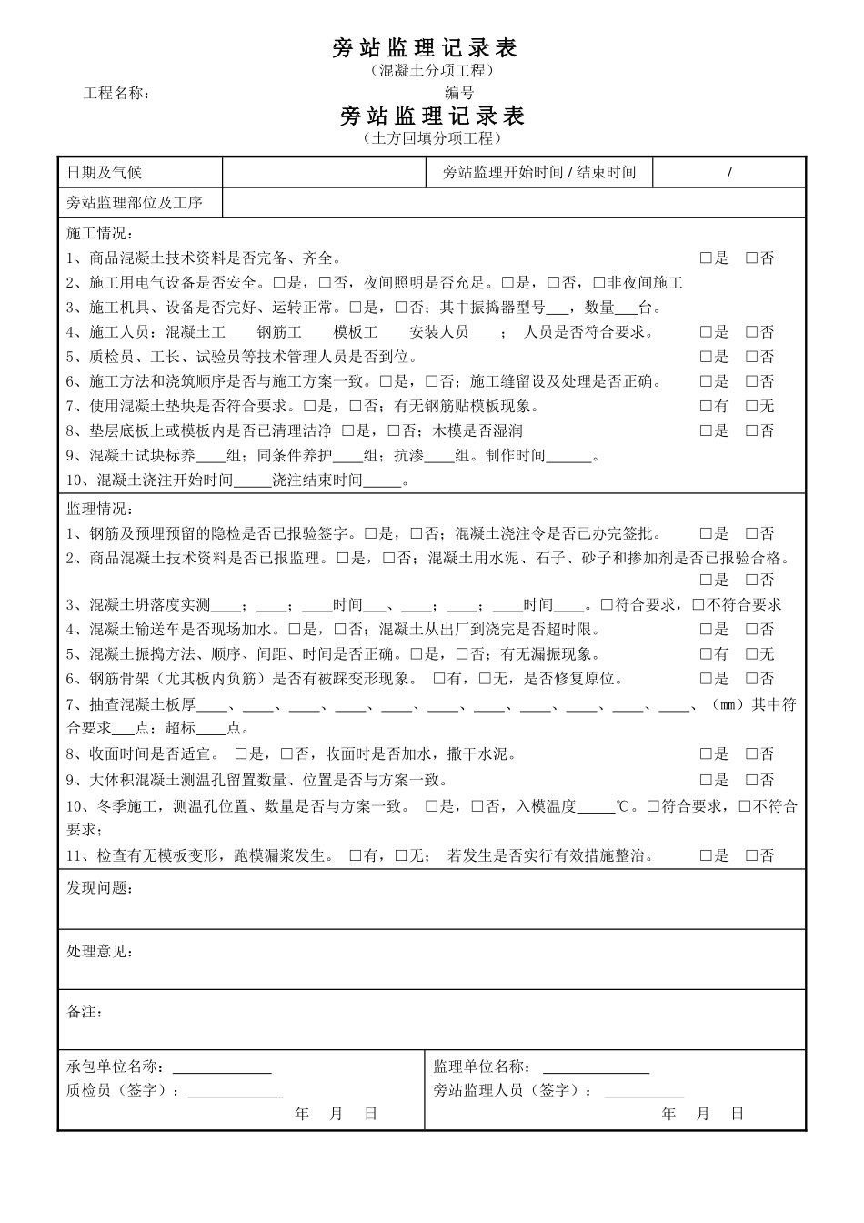 某工程旁站监理记录表_第1页