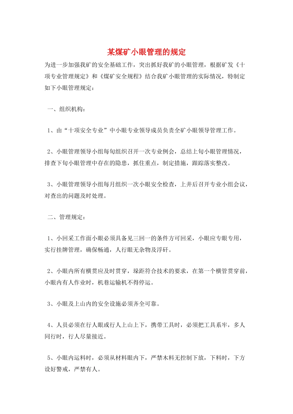 某煤矿小眼管理的规定_第1页