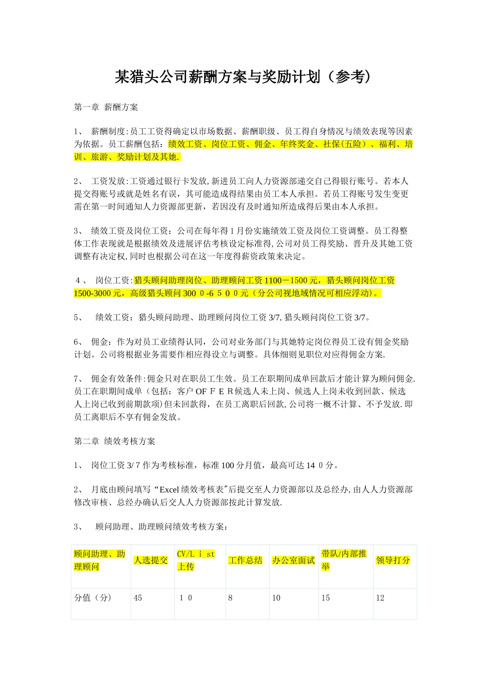 某猎头公司薪酬 方案与奖励措施_第1页