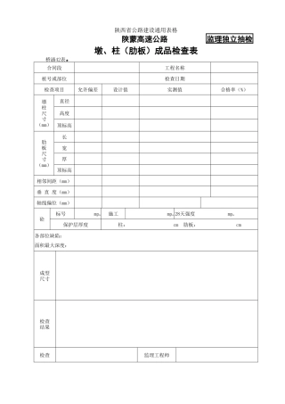 桥涵表墩柱（肋板）成品检查表