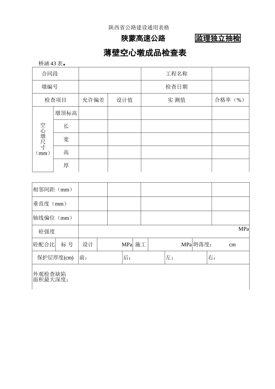 桥涵表薄壁空心墩成品检查表_第1页