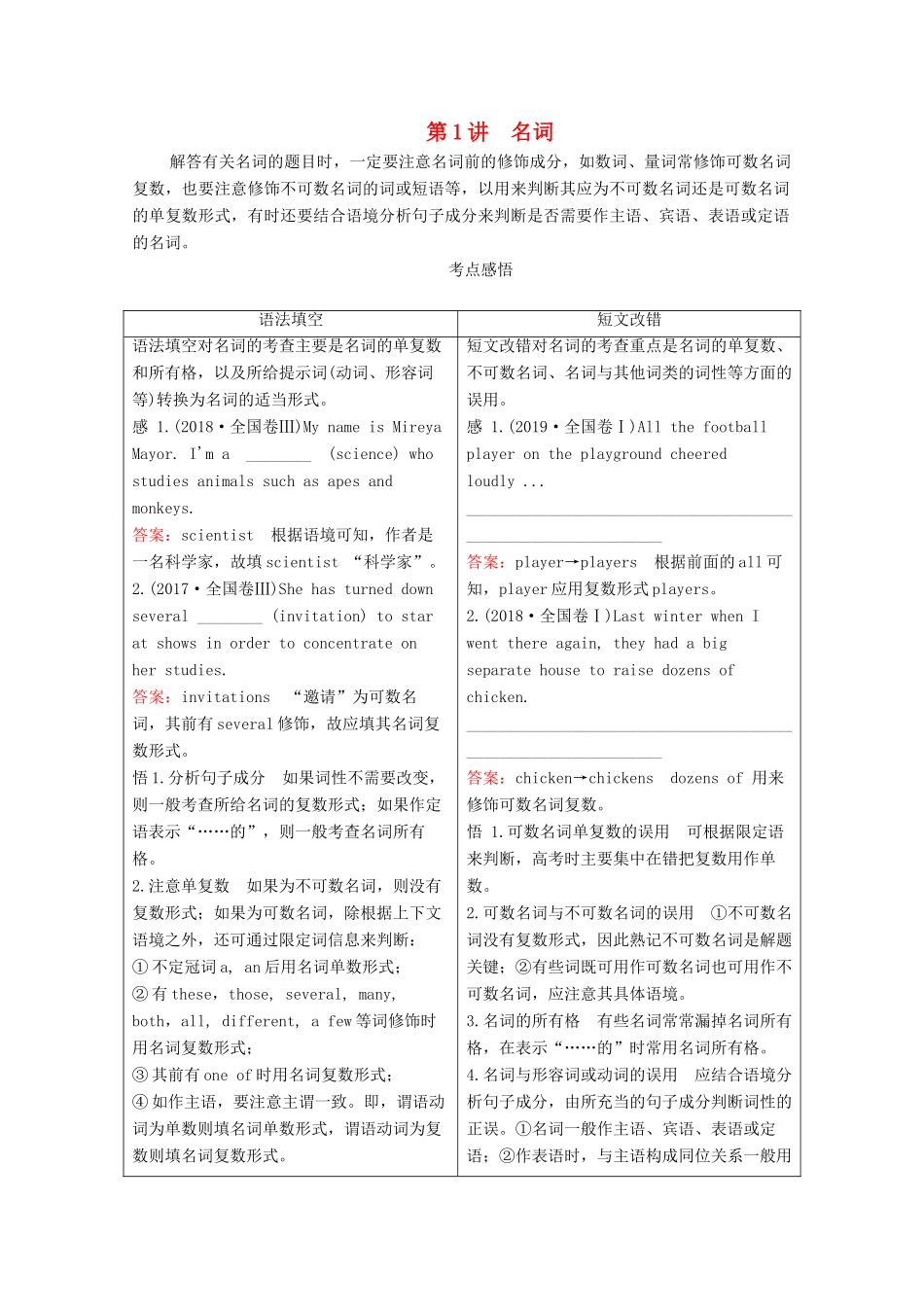 高考英语大二轮复习 冲刺经典专题 语法部分 专题三 基础点课时 第1讲 名词教学案-人教版高三全册英语教学案_第1页