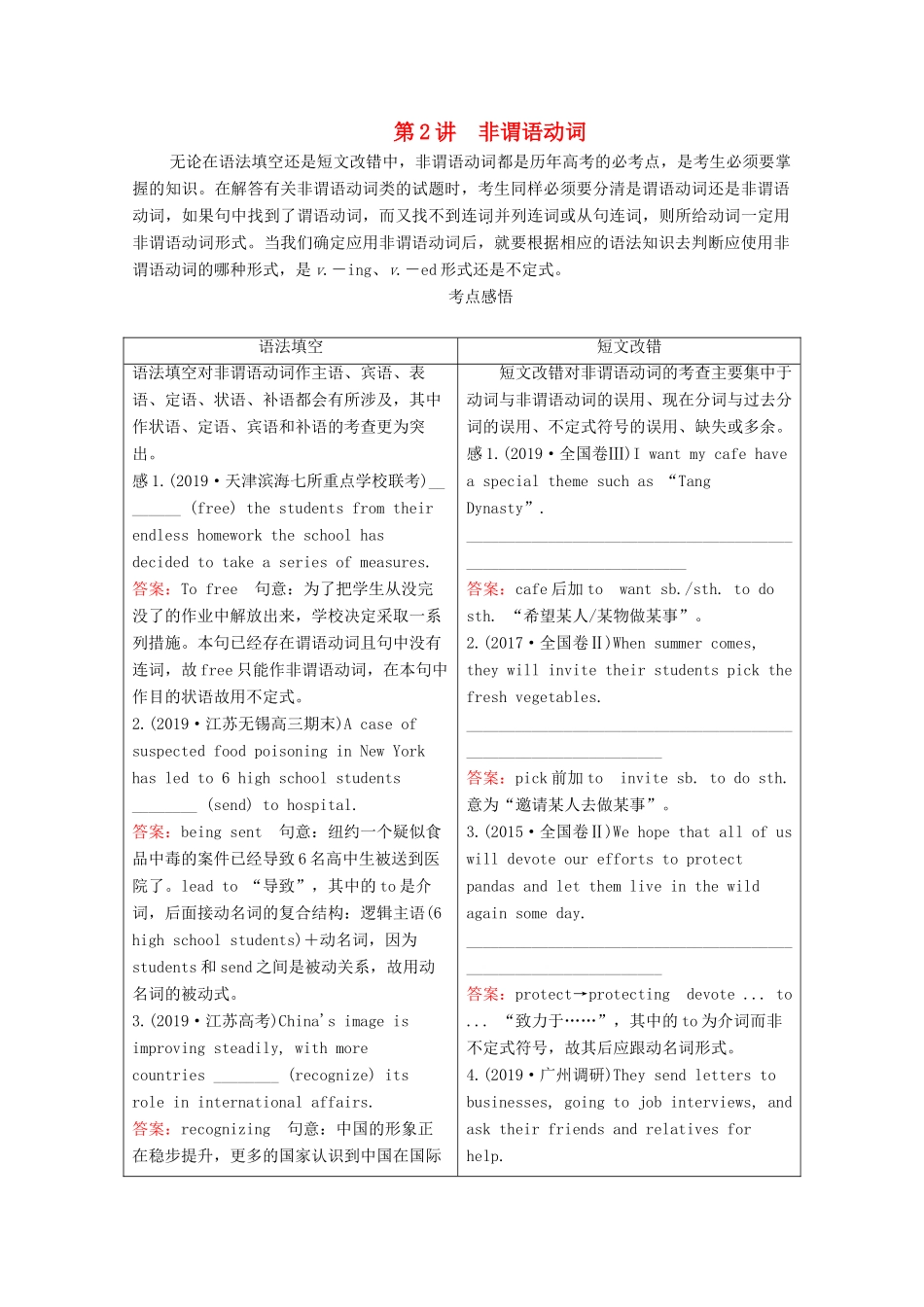 高考英语大二轮复习 冲刺经典专题 语法部分 专题三 重难点课时 第2讲 非谓语动词教学案-人教版高三全册英语教学案_第1页