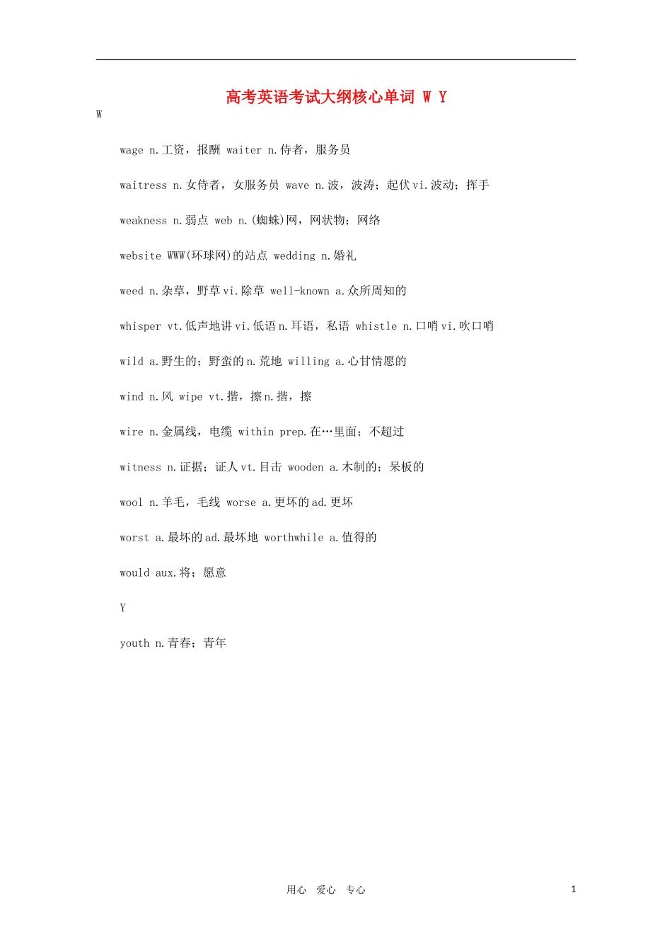 高考英语考试大纲核心单词 W Y素材_第1页