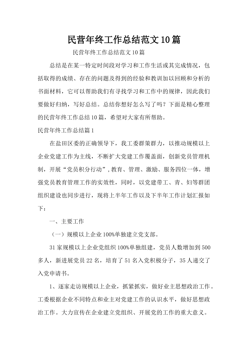 民营年终工作总结范文10篇（精编版）_第1页