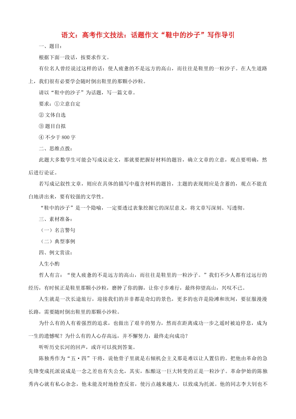 高考语文 高考作文技法话题作文 鞋中的沙子 写作导引_第1页