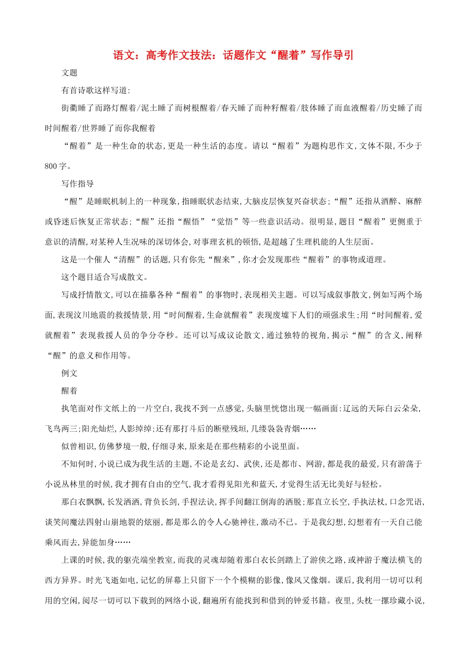 高考语文 高考作文技法话题作文 醒着 写作导引_第1页