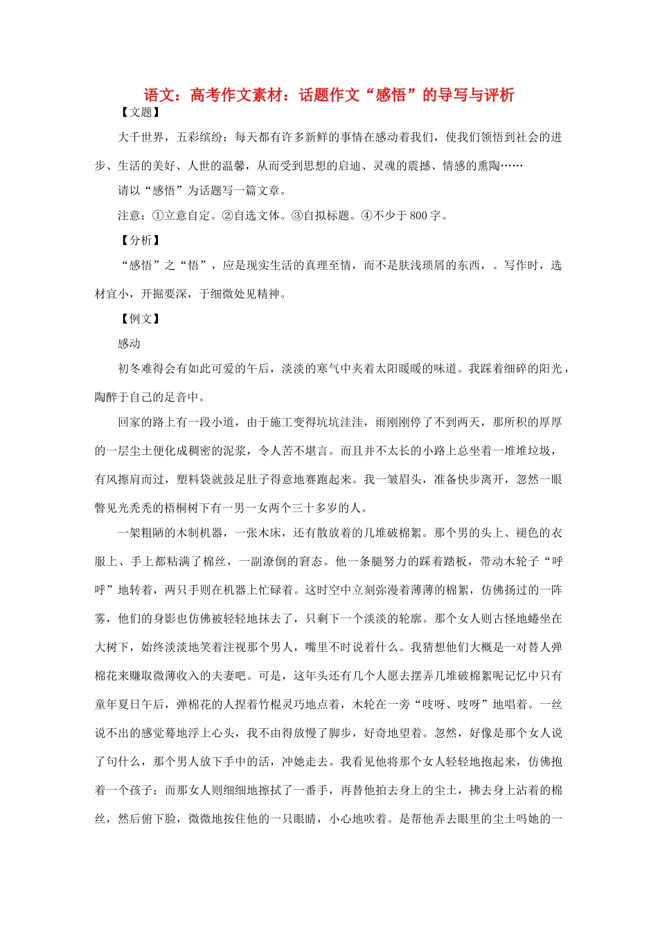 高考语文 话题作文“感悟”的导写与评析作文素材_第1页