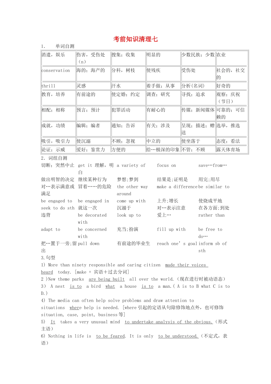 高考英语复习 考前知识清理七-人教版高三全册英语素材_第1页