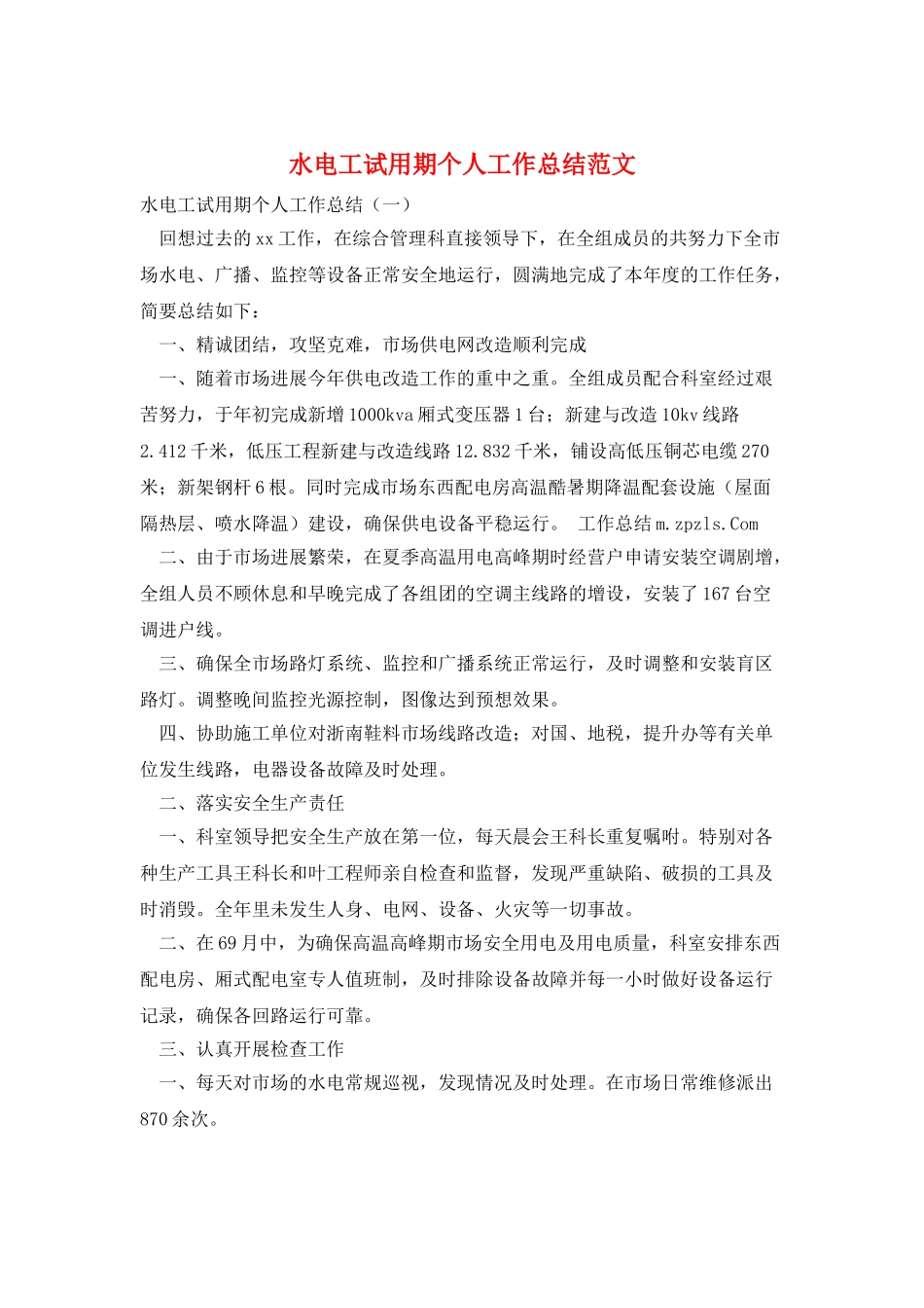 水电工试用期个人工作总结范文_第1页