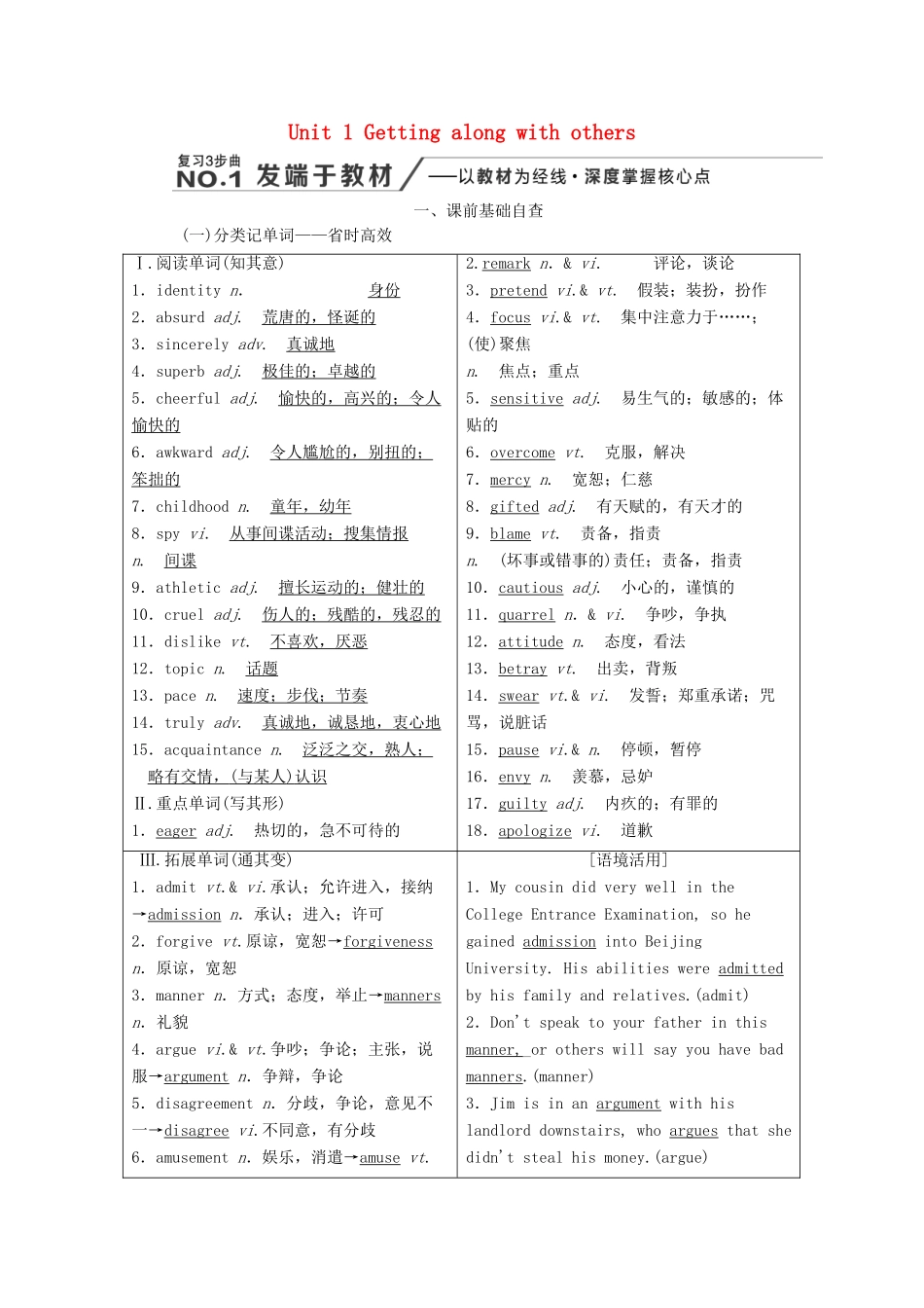 高考英语新创新一轮复习 Unit 1 Getting along with others学案（含解析）牛津译林版必修5-牛津版高三必修5英语学案_第1页