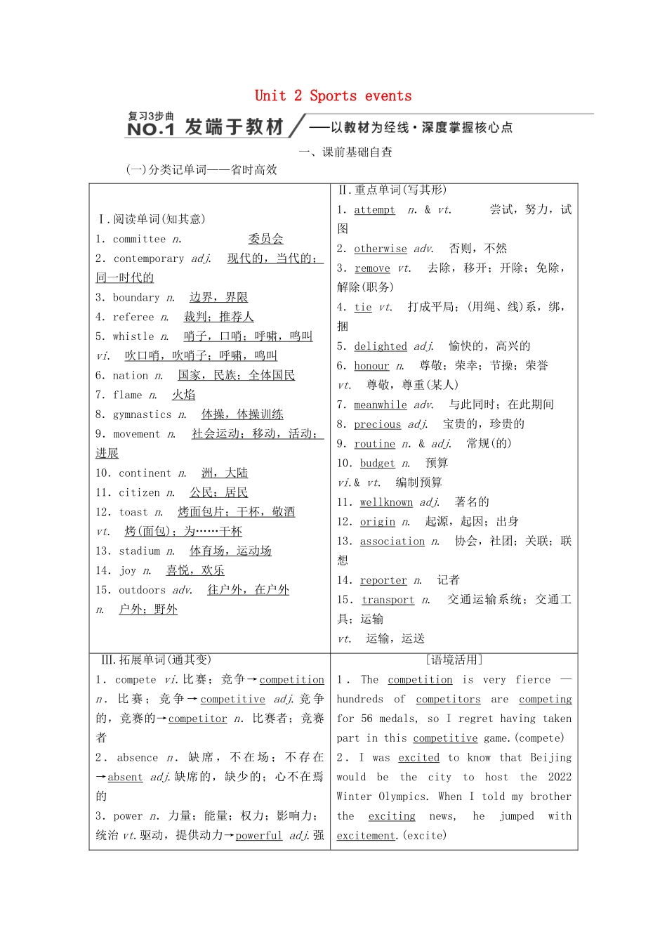 高考英语新创新一轮复习 Unit 2 Sports events学案（含解析）牛津译林版必修4-牛津版高三必修4英语学案_第1页