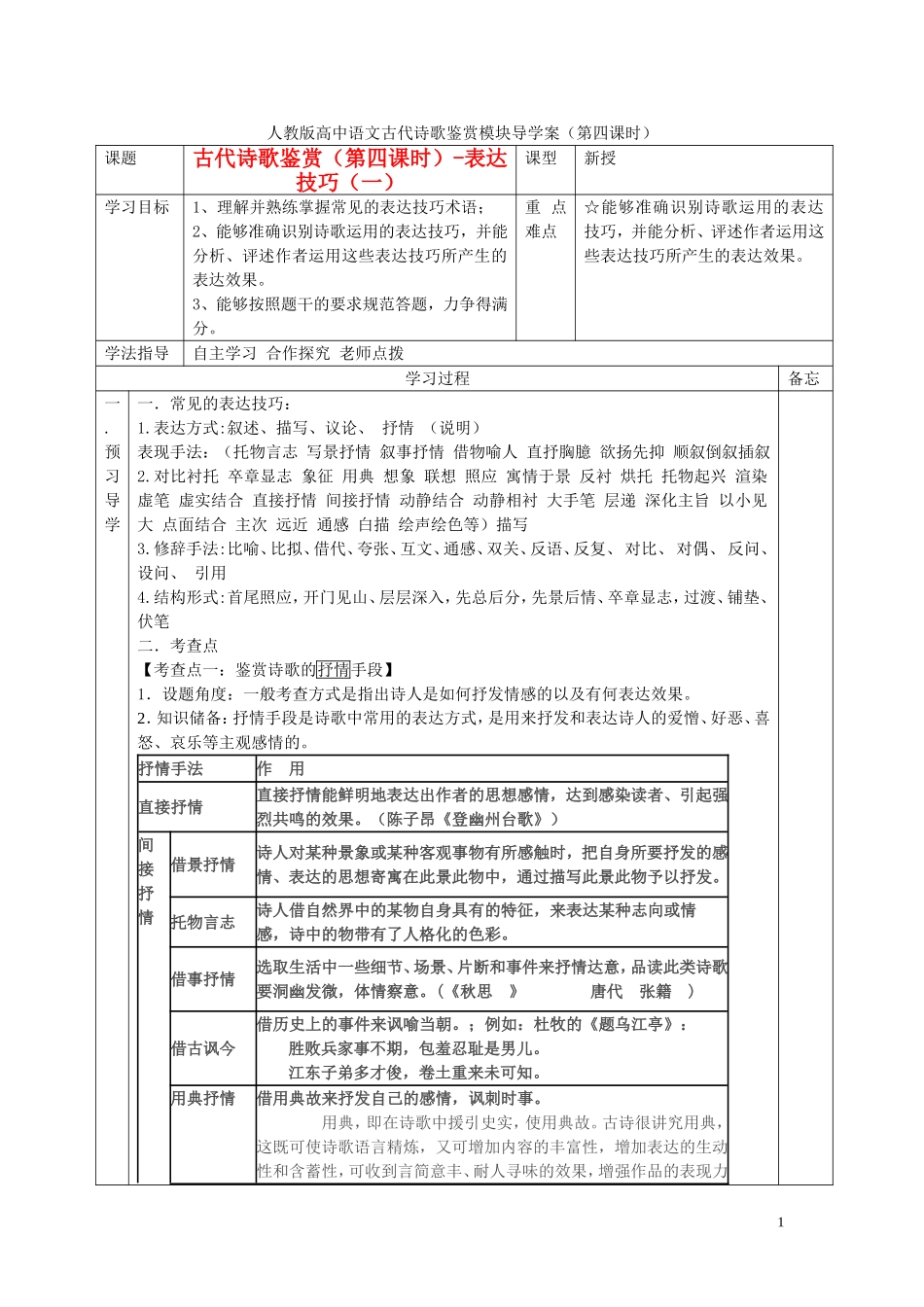 高考语文 诗歌鉴赏（第4课时）导学案-人教版高三全册语文学案_第1页