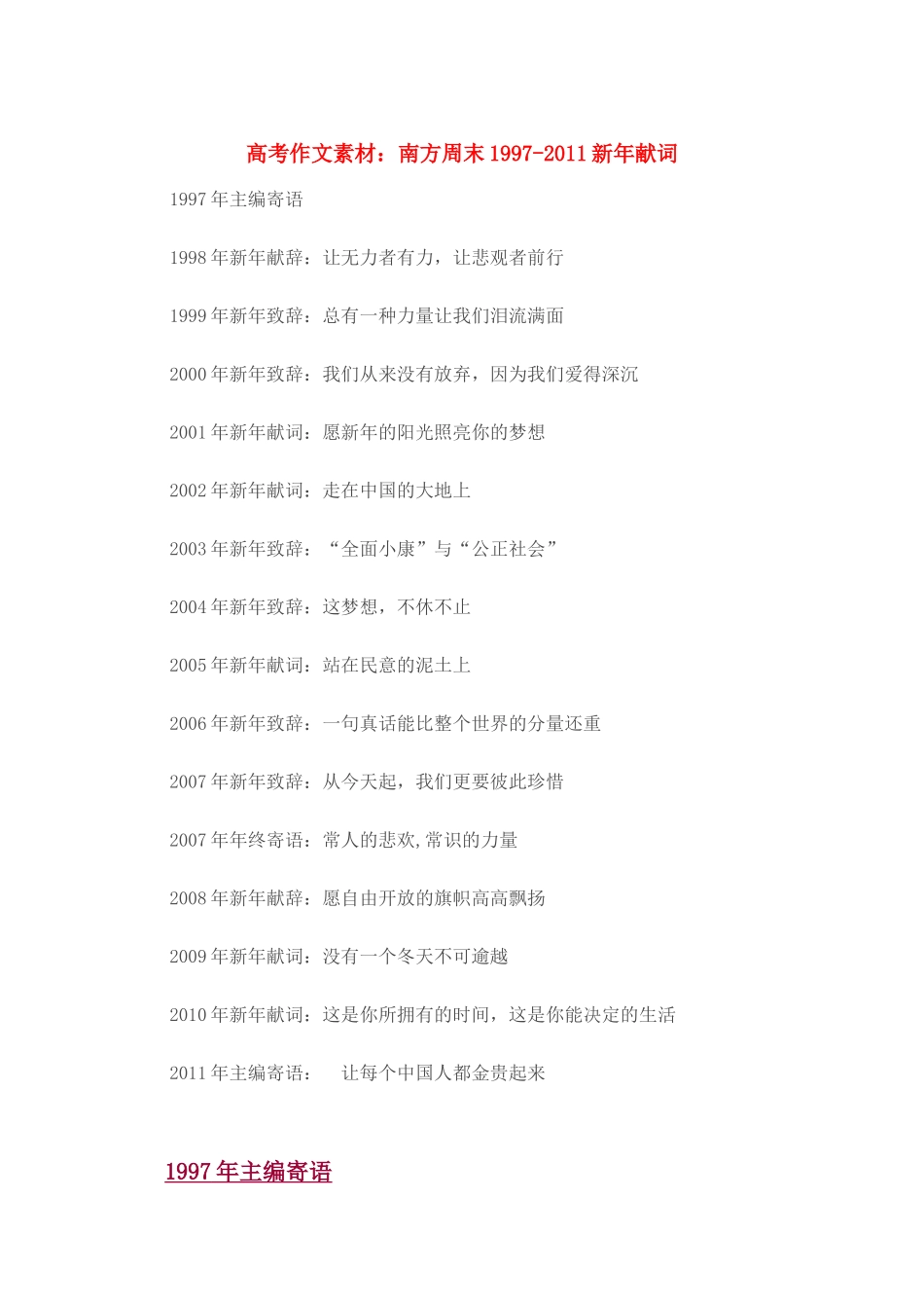 高考语文 南方周末1997-2011新年献词作文素材_第1页
