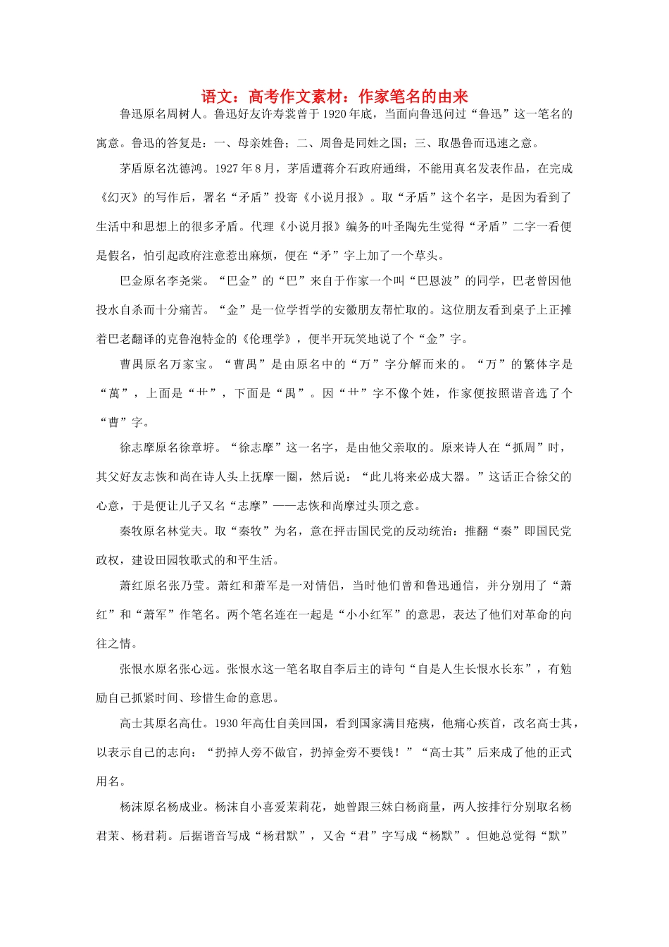高考语文 作家笔名的由来作文素材_第1页