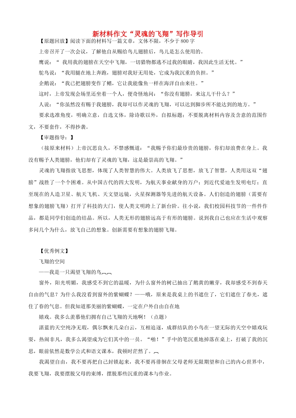 高考语文 新材料作文“灵魂的飞翔”写作导引素材_第1页