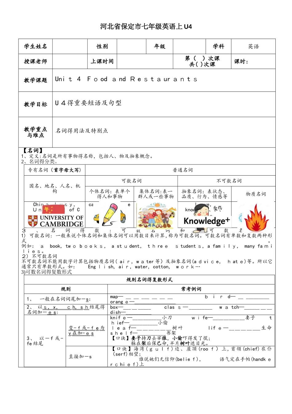 河北省保定市七年级英语上Unit 4 Food and Restaurants 复习学案(无答案）_第1页