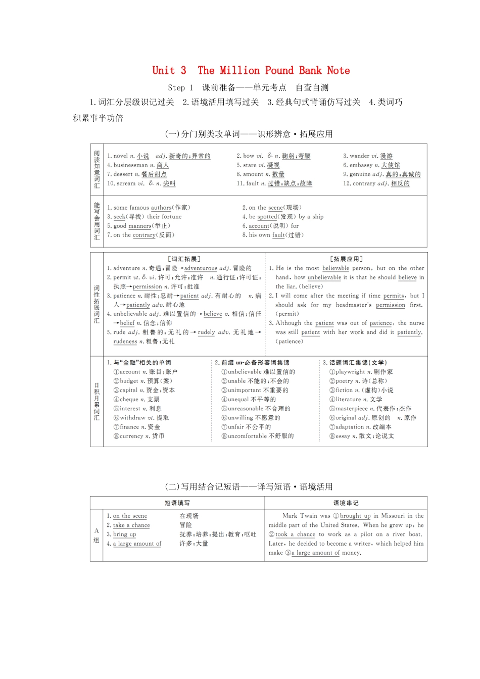 高考英语总复习 Unit 3 The Million Pound Bank Note教学案 新人教版必修3-新人教版高三必修3英语教学案_第1页