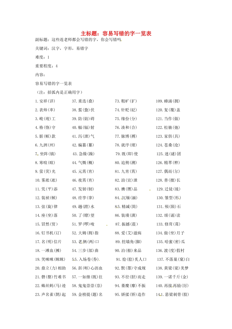 高考语文复习备考策略 专题02 字形 容易写错的字一览表-人教版高三全册语文素材_第1页