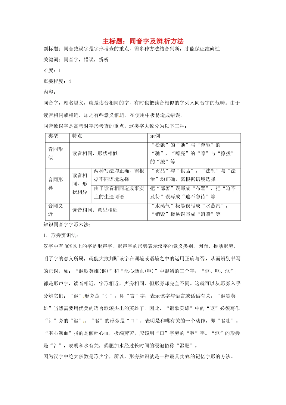 高考语文复习备考策略 专题02 字形 同音字及辨析方法-人教版高三全册语文素材_第1页