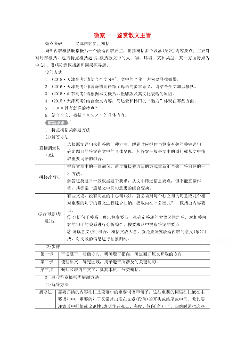 高考语文一轮复习 第1编 现代文阅读 专题四 文学类文本阅读（散文）微案一 鉴赏散文主旨教学案-人教版高三全册语文教学案_第1页