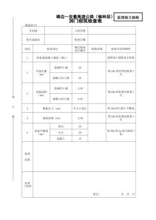 洞门砌筑检查表