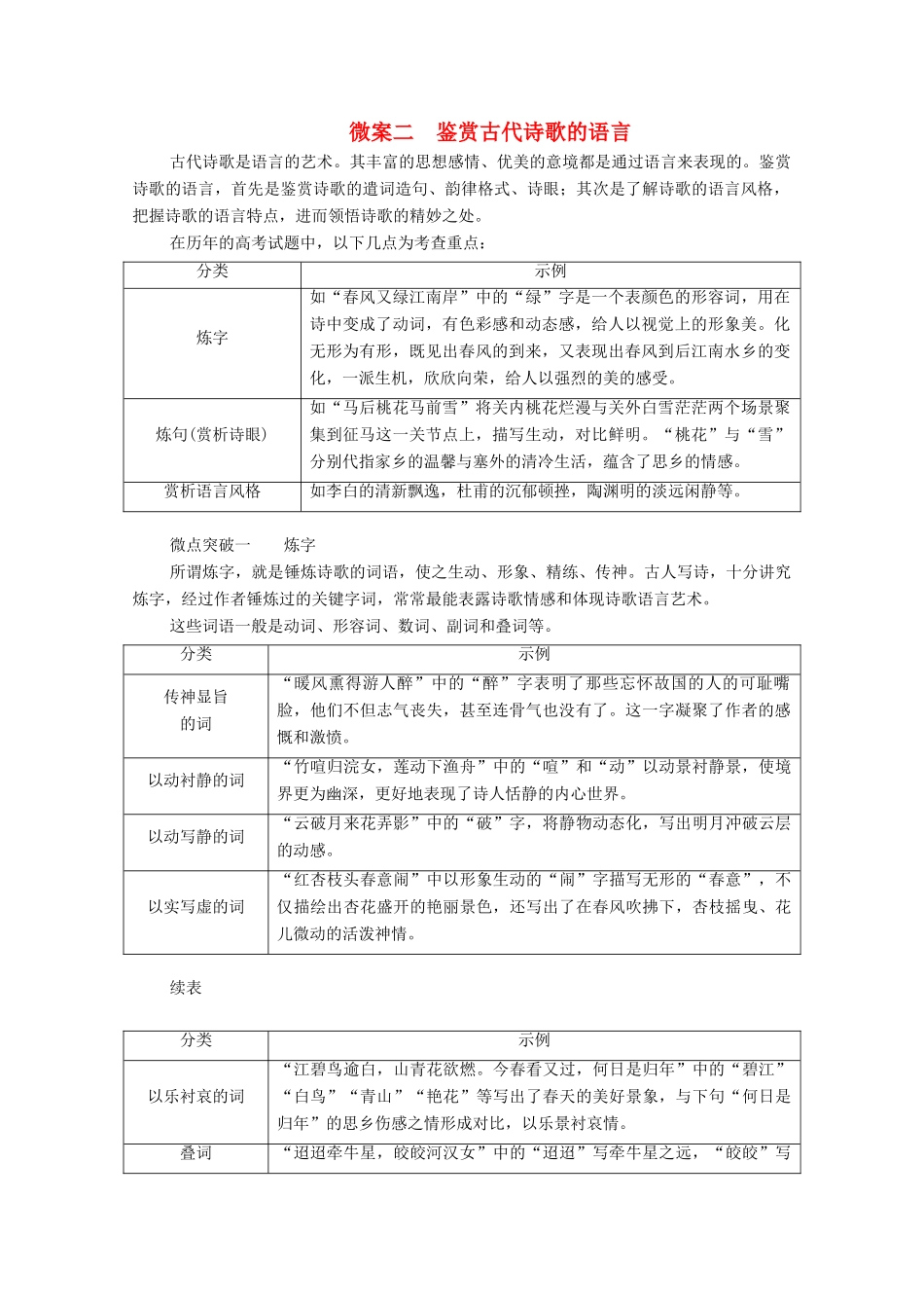 高考语文一轮复习 第2编 古诗文阅读 专题二 古代诗歌鉴赏 微案二 鉴赏古代诗歌的语言教学案-人教版高三全册语文教学案_第1页