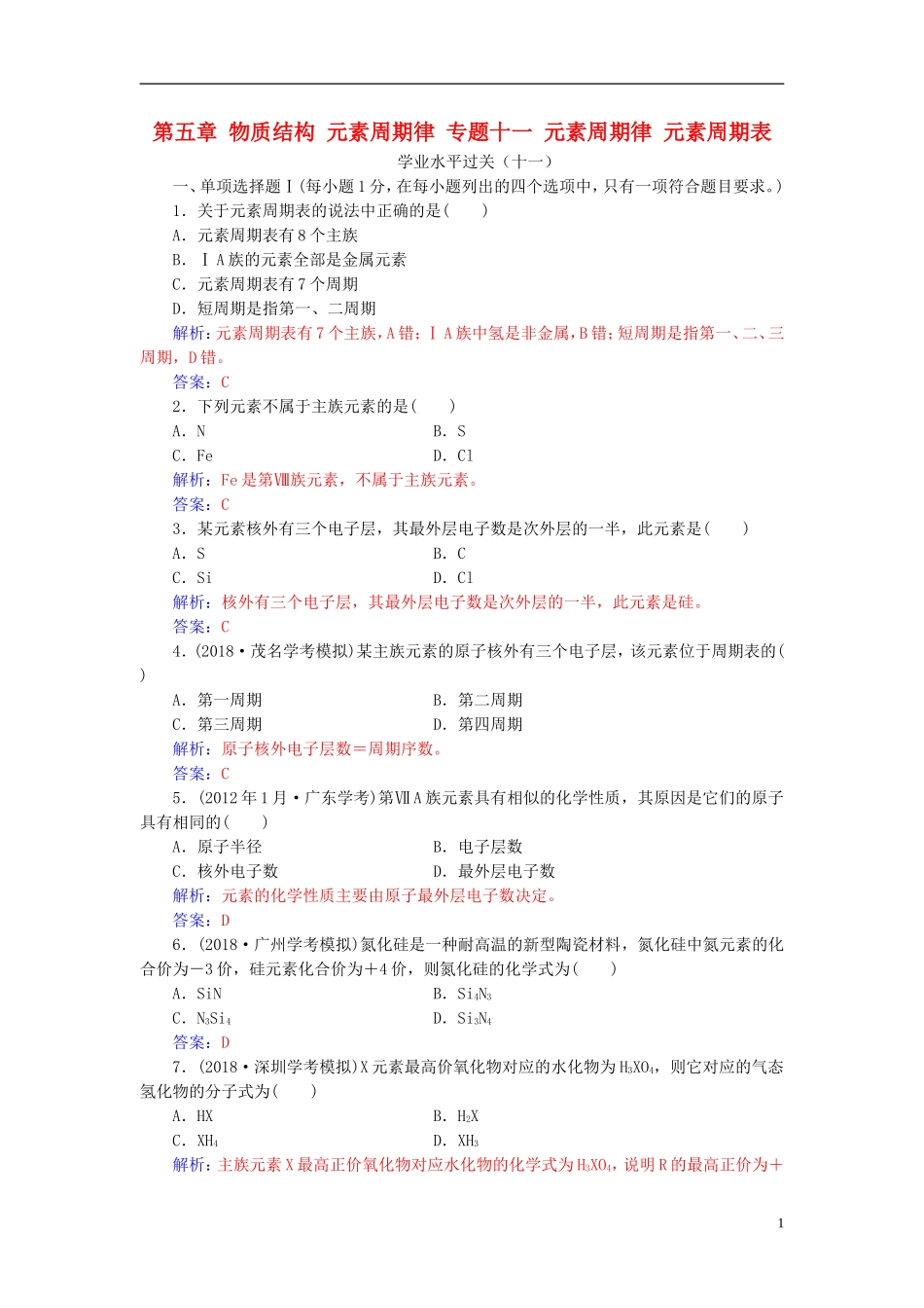 高中化学学业水平测试复习 第五章 物质结构 元素周期律 专题十一 元素周期律 元素周期表学业水平过关课件-人教版高二全册化学课件_第1页