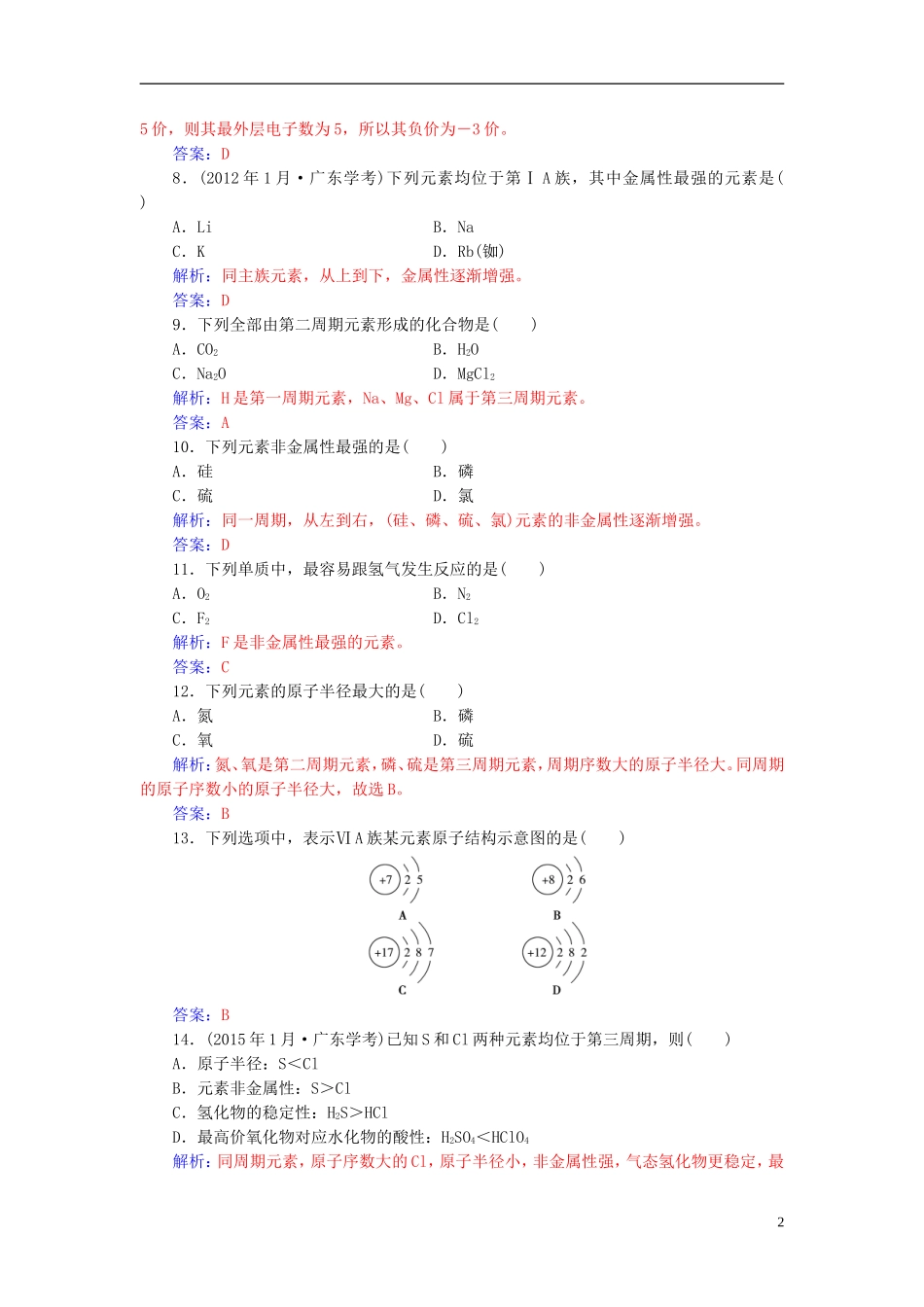 高中化学学业水平测试复习 第五章 物质结构 元素周期律 专题十一 元素周期律 元素周期表学业水平过关课件-人教版高二全册化学课件_第2页