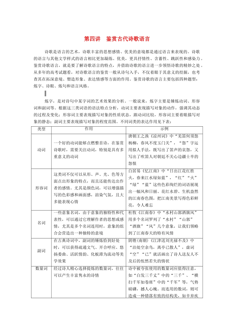高考语文一轮复习 第二部分 专题七 第四讲 鉴赏古代诗歌语言学案 新人教版-新人教版高三全册语文学案_第1页